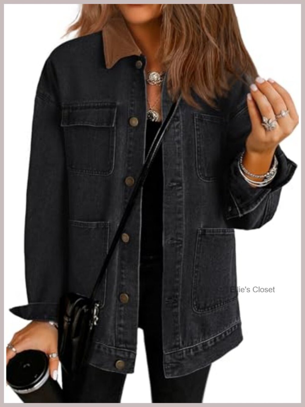 Women's Denim Jacket Corduroy Collar Oversized Loose Fit Button Up